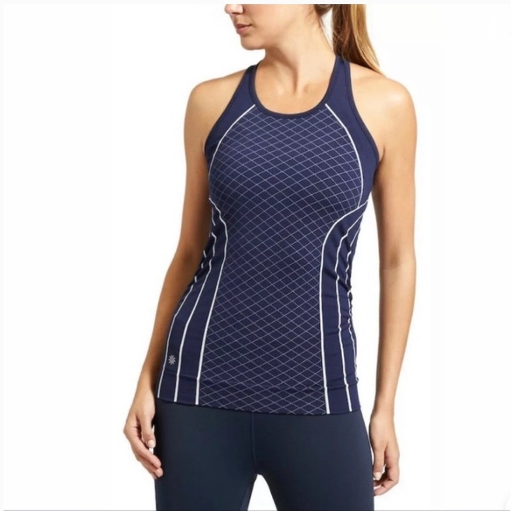 Athleta Finish Fast Line Tank Top Navy Blue/White Grid Pattern XL Athleisure